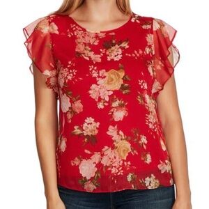 NWT- Vince Camuto Beautiful Blooms Flutter Sleeve Red Chiffon Sz small MSRP $89
